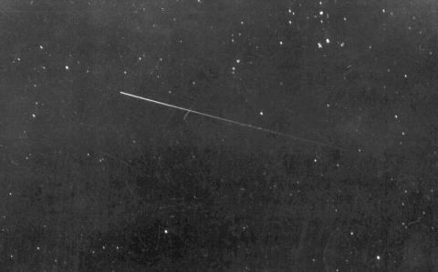 Two photos of the Soviet Union's Sputnik satellite as it passed over campus on October 16, 1957 at 5:34 a.m.  William Pyle, Jr. of Pyle Photo, along with Lee Arp and Leon Kennedy, both faculty members at Iowa State University, set up this photo shoot.  The DuPont 428 film was developed and printed by Mr. Pyle.